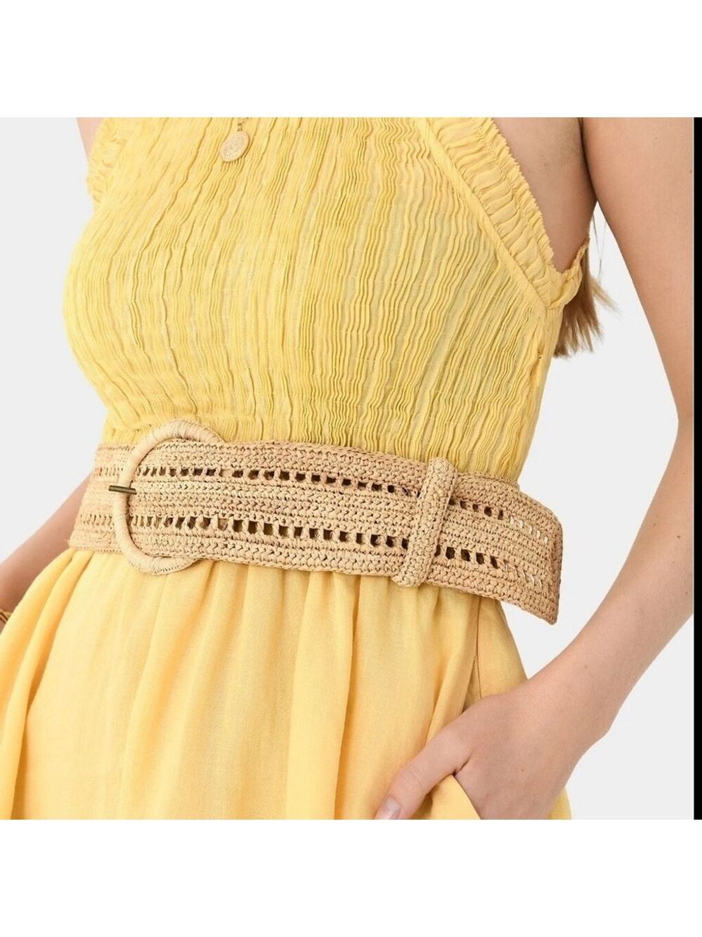 VANESSA BRUNO hand woven natural raffia belt classic rectangle buckle beige OS - Picture 8 of 14